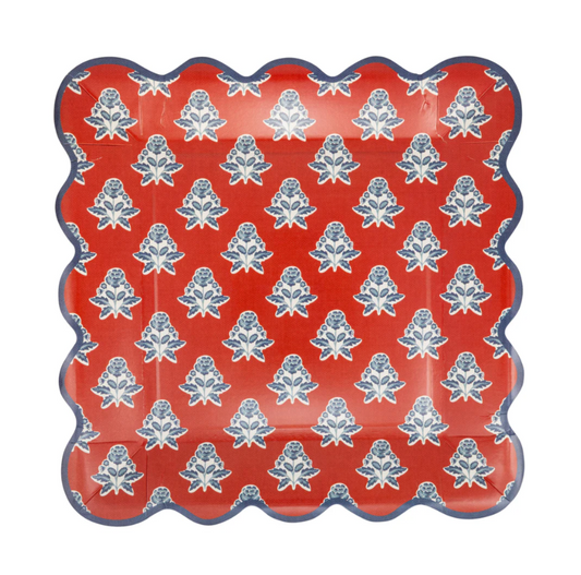 Red Block Floral Paper Dinner Plates