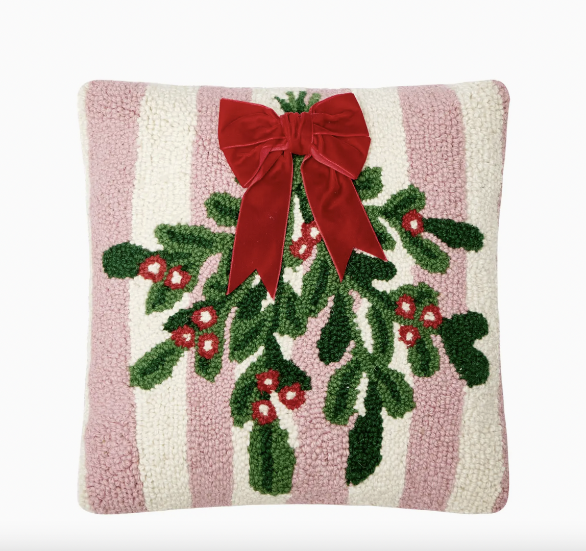 Pink Stripe Mistletoe with Ribbon Hook Pillow