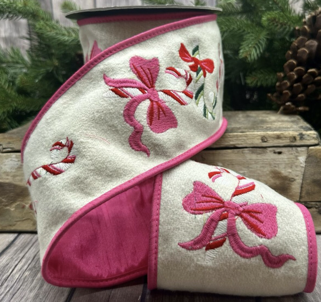 Wool Embroidery Candy Cane Wired Ribbon with Pink Backing