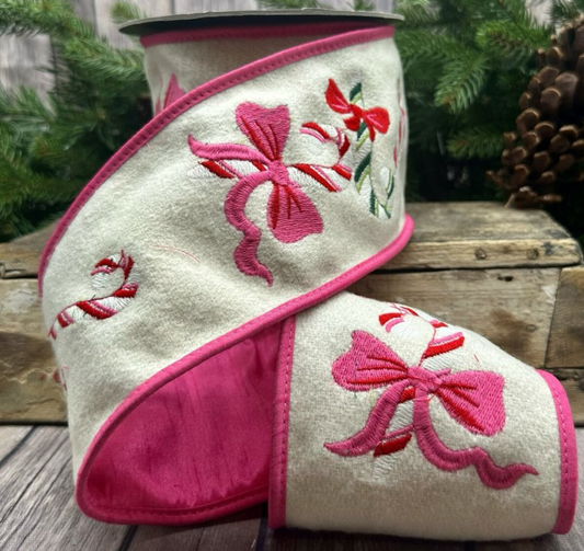 Wool Embroidery Candy Cane Wired Ribbon with Pink Backing