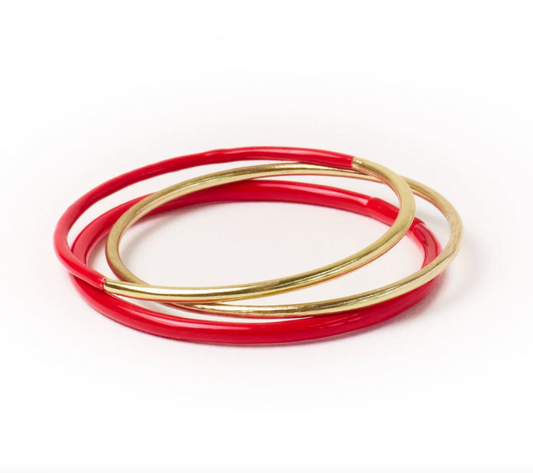 Red Enamel + Brass Bangles - Set of 3