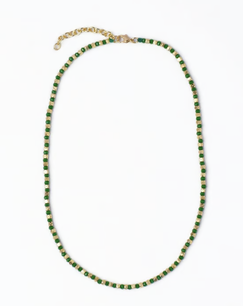 Green + Gold Crystal Necklace With Alternating Brass Beads