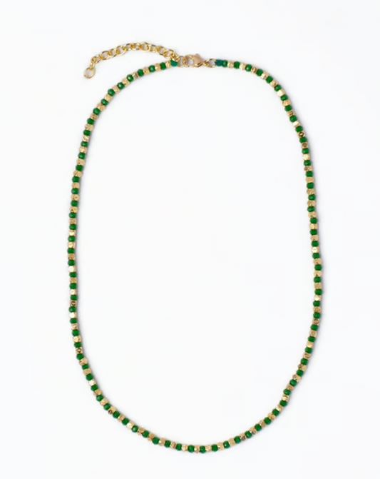 Green + Gold Crystal Necklace With Alternating Brass Beads