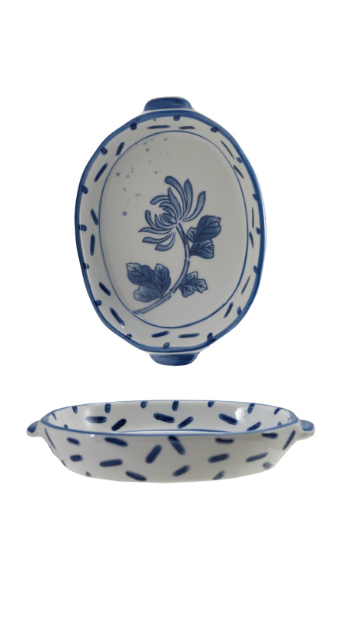 Hand-Painted Blue + White Stoneware Baker with Handles