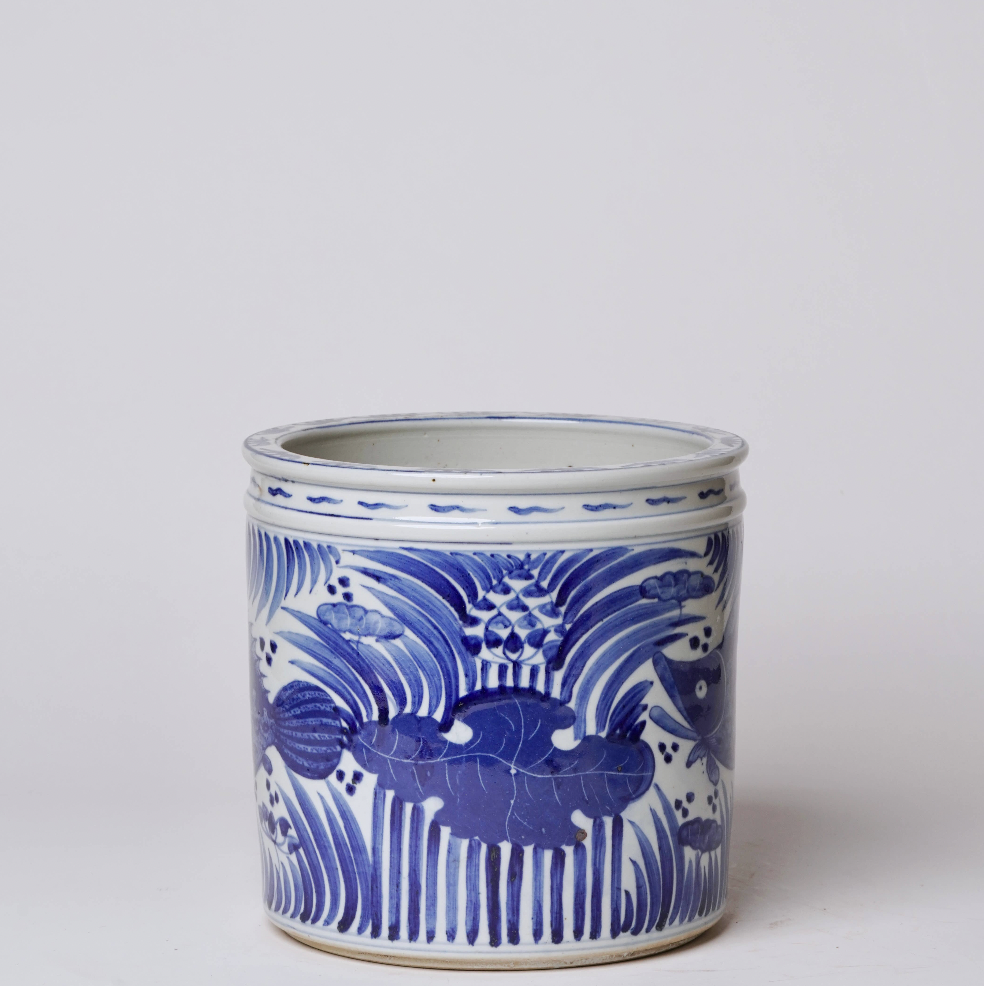 Blue and White Porcelain Fish and Lotus Cachepot