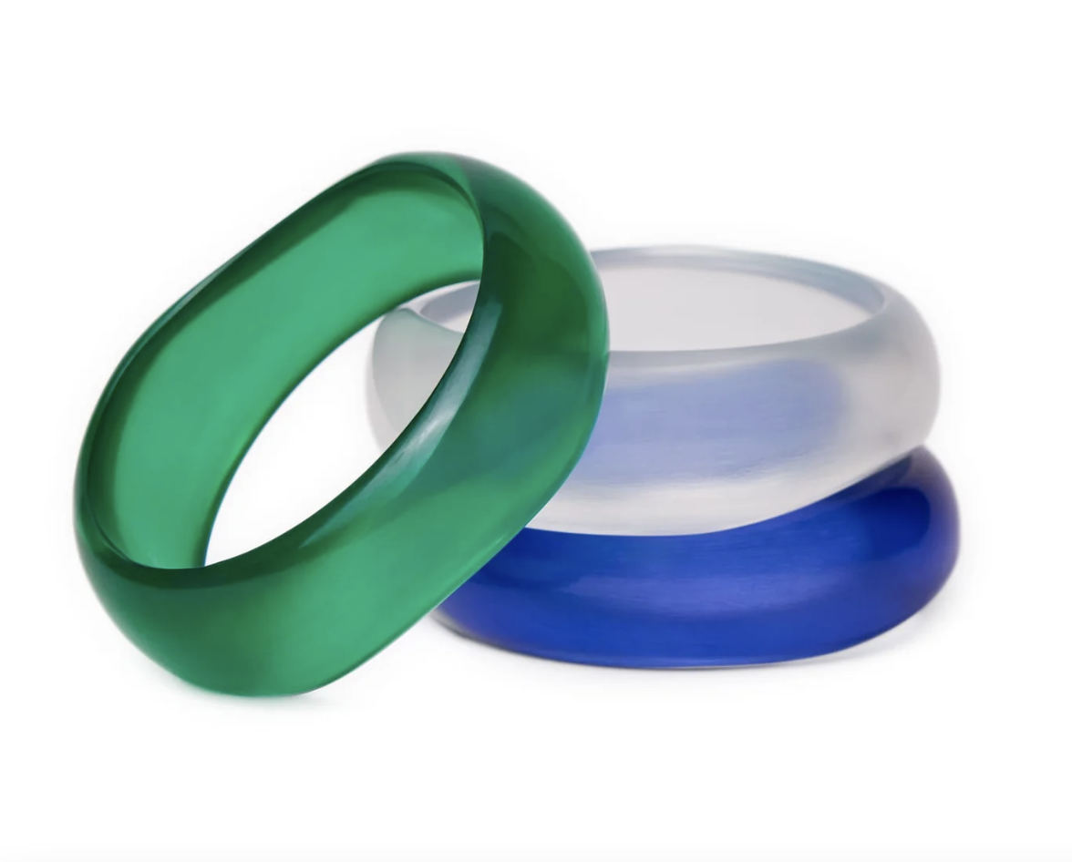 Light Blue, Navy, + Green Resin Bangles, Set Of 3