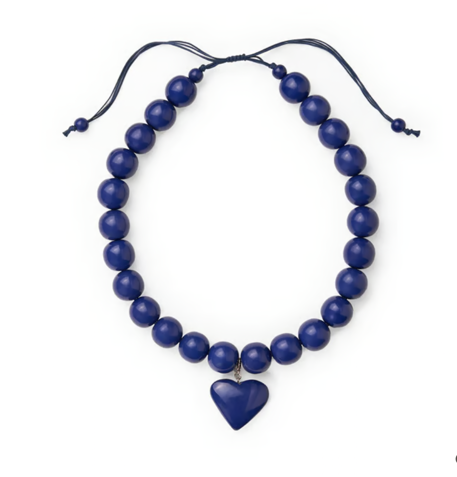 Large Navy Adjustable Round Resin Bead With Heart Necklace