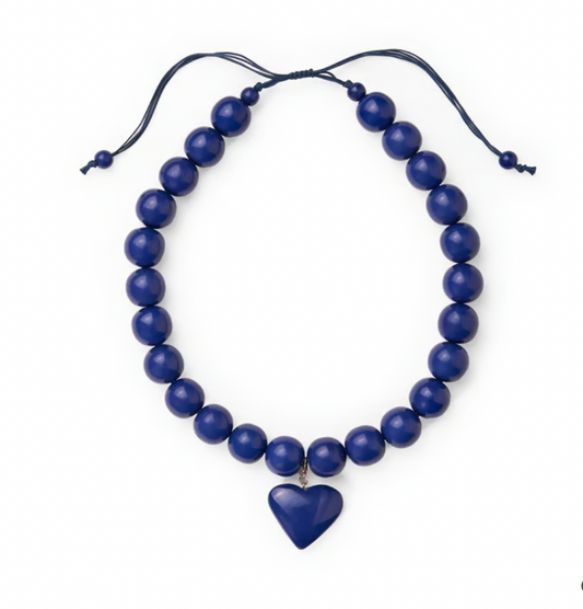 Large Navy Adjustable Round Resin Bead With Heart Necklace