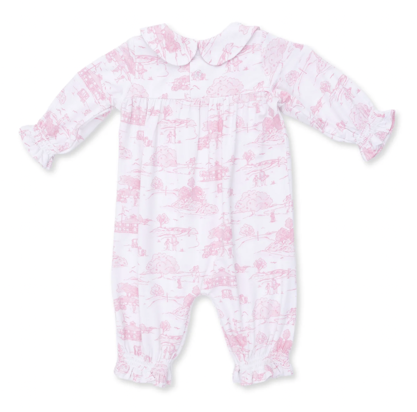 Golf Pink Toile Smocked Long Sleeve Romper