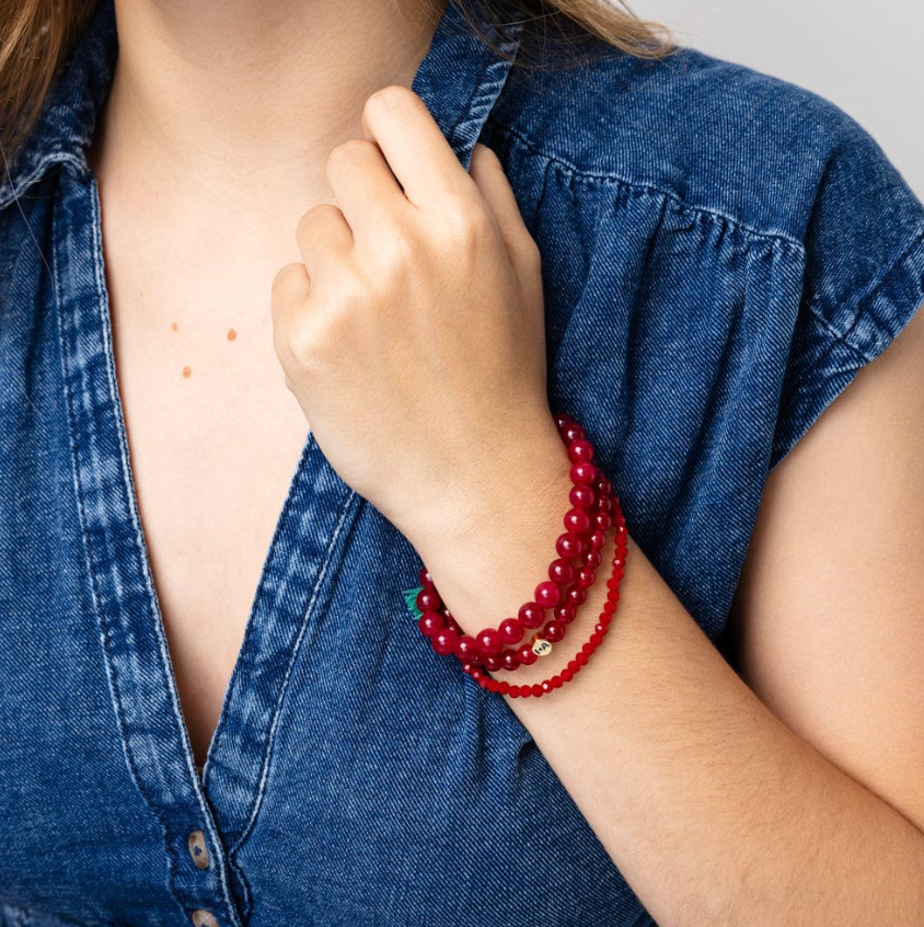 Raspberry Set Of Three Stretch Glass & Crystal Bracelets With Bag