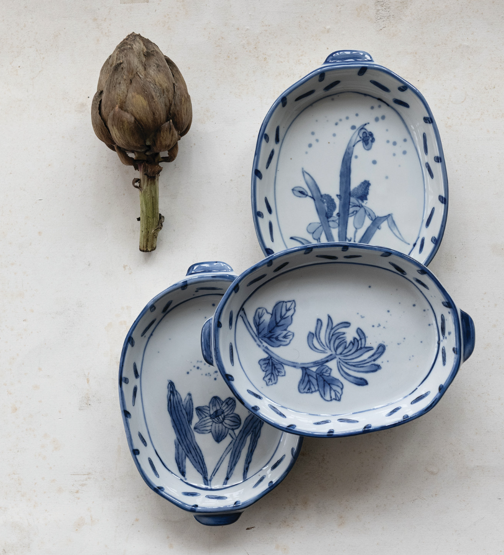 Hand-Painted Blue + White Stoneware Baker with Handles