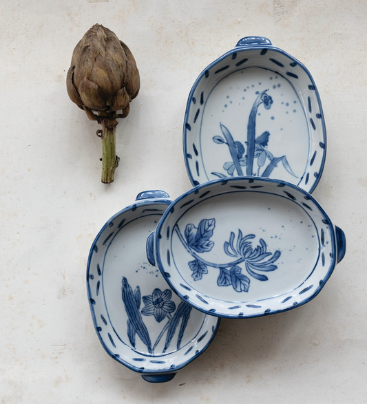 Hand-Painted Blue + White Stoneware Baker with Handles