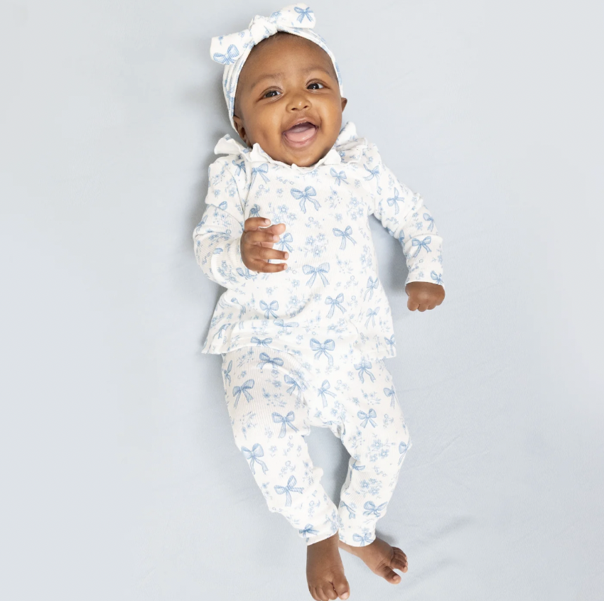 Blue Bows + Flowers Long Sleeve Ruffle Top and Pant