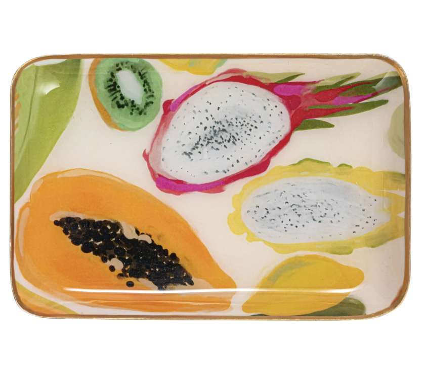Enameled Metal Tray with Fruit, Abstract & Gold Rim