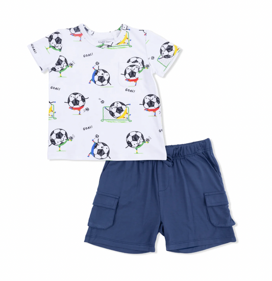 Soccer Balls Playing Soccer Blue Crew Neck Tee with Cargo Short Set
