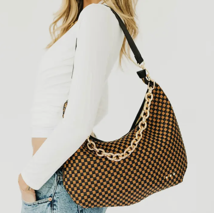 Sienna Checkered Coffee Slouchy Woven Shoulder Bag