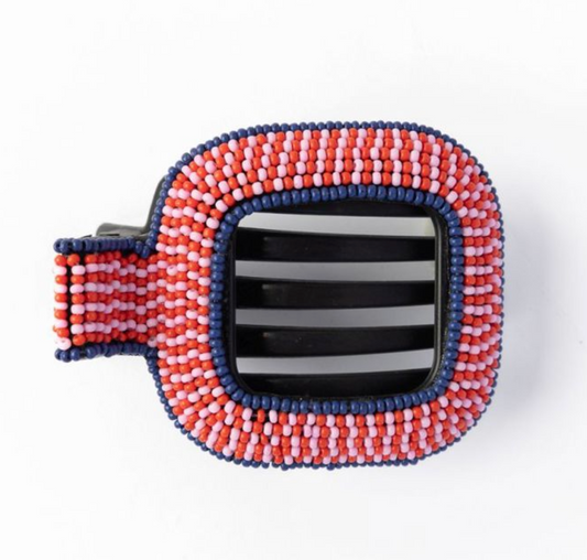 Pink, Red, & Navy Seed Bead Flat Hair Clip