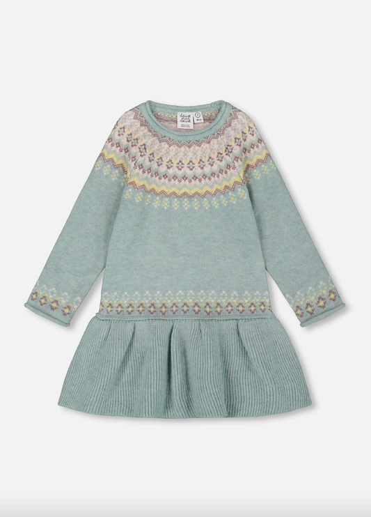 Jade Green Jacquard Sweater Dress With Ribbed Skirt