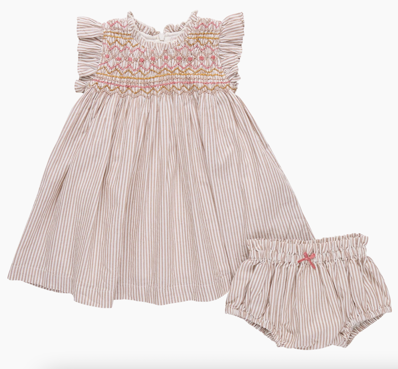 Tawny Brown Stripe and Smocked Stevie Dress + Diaper Cover
