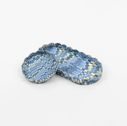 Blue Marbled Mountains Round Scalloped Tray Set