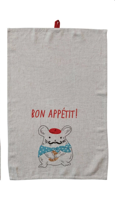 Linen Blend Printed Tea Towel with French Saying & Animal