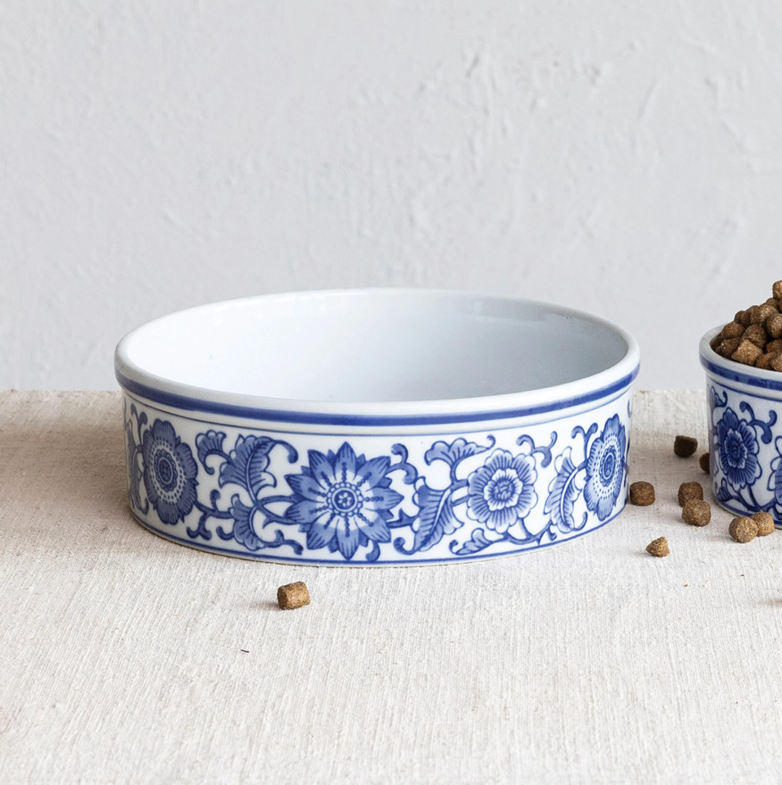 Blue and White Stoneware Pet Bowl