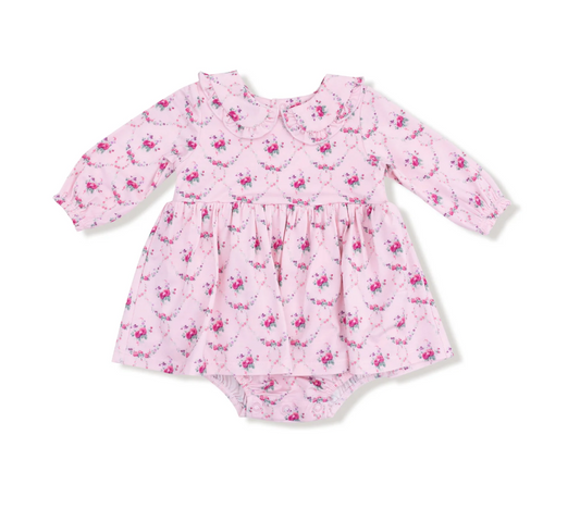 Rose Garden Trellis Long Sleeve Peter Pan Ruffle Collar Bubble with Skirt