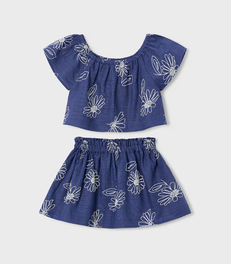 Linen Top + Skirt Set with Embroidered Flowers