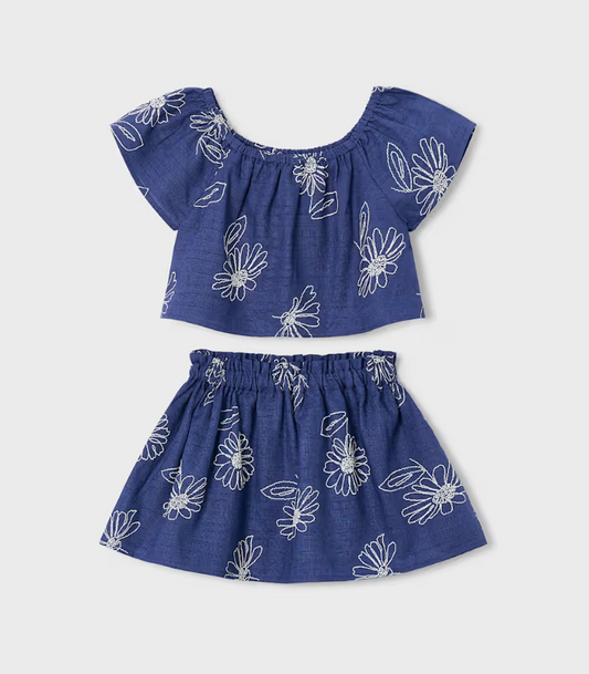 Linen Top + Skirt Set with Embroidered Flowers