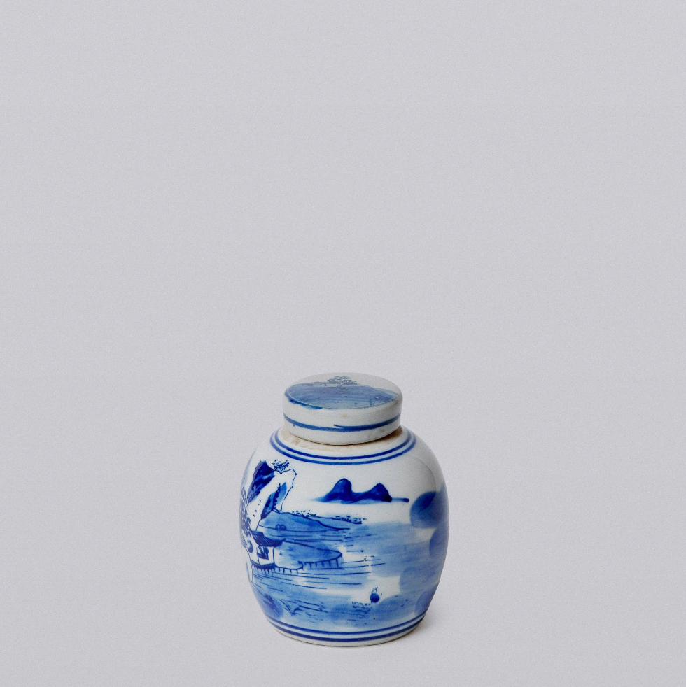 Blue and White Porcelain Mini Landscape Round Storage Jar