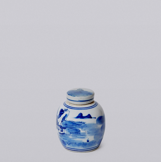 Blue and White Porcelain Mini Landscape Round Storage Jar