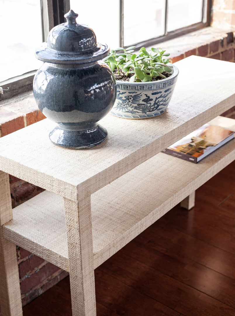 Raffia Wrapped Console Table with Shelf