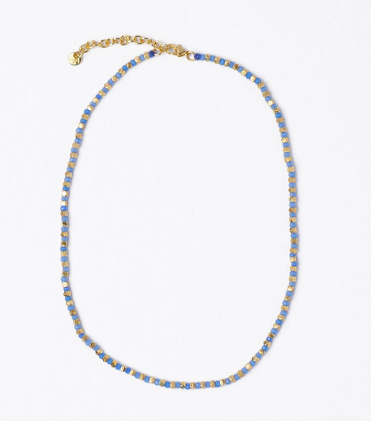 Blue + Gold Crystal Necklace With Alternating Brass Beads