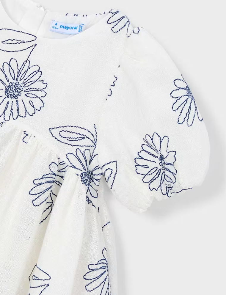 Puff Sleeve Dress with Embroidered Flowers