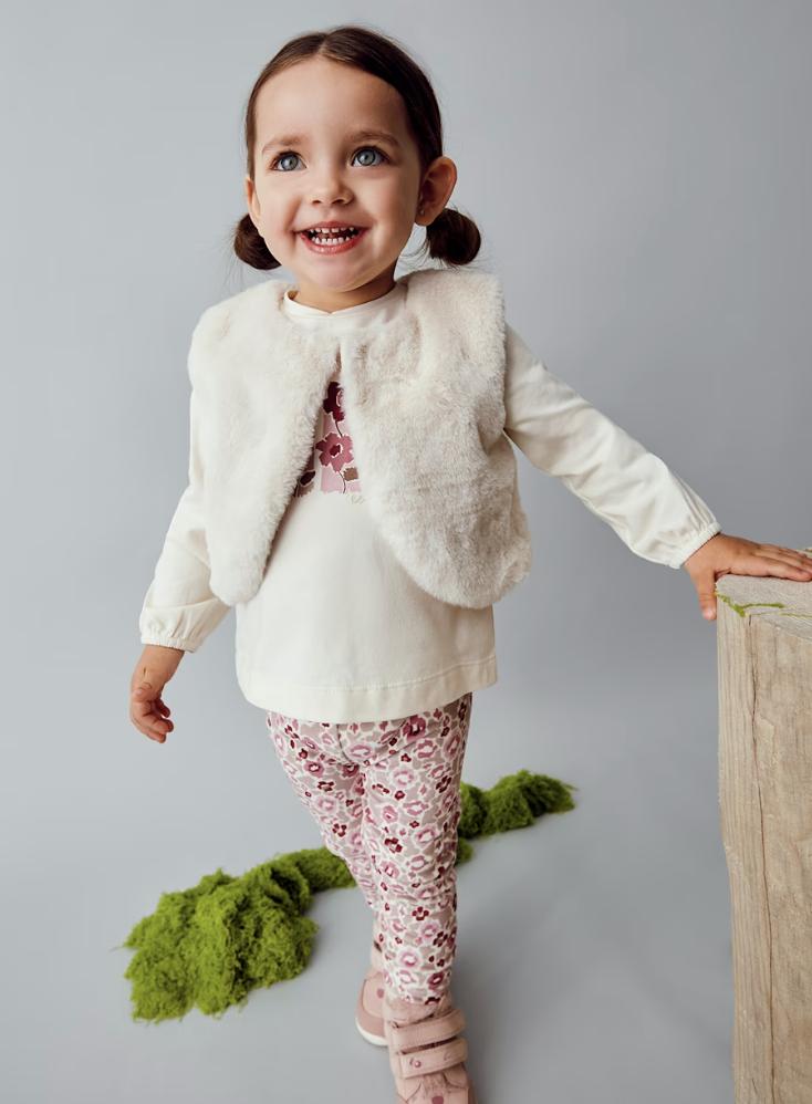 Three Piece Set - Long Sleeve T'Shirt, Faux Fur Vest, + Leggings