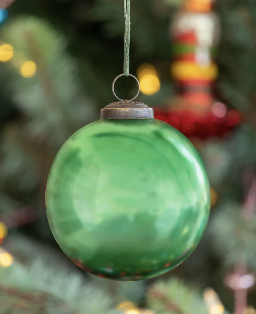 Antique Shiny Emerald Glass Ball Ornament - Medium