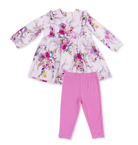 Dahlia Floral Long Sleeve Ruffle Dress and Legging Set