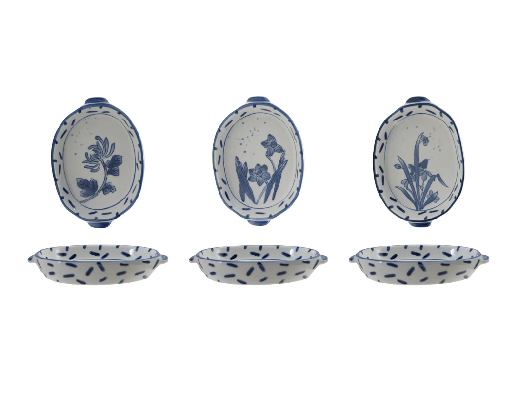 Hand-Painted Blue + White Stoneware Baker with Handles