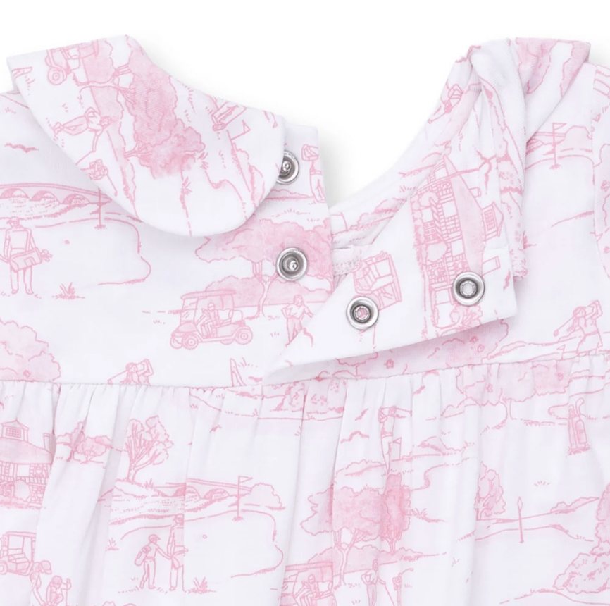 Golf Pink Toile Smocked Long Sleeve Romper