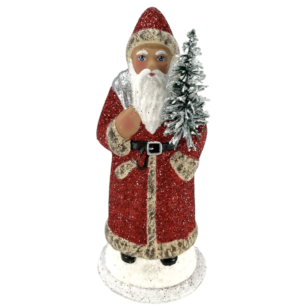 Red Glitter Santa with Silver Bag Paper Mache Candy Container