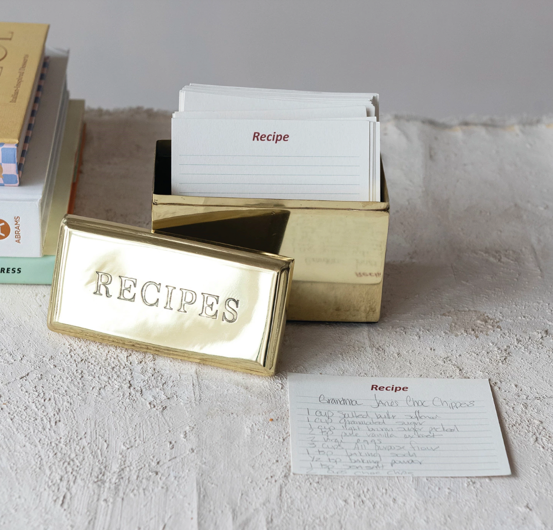 Gold Finish "Recipe" Box with Recipe Cards