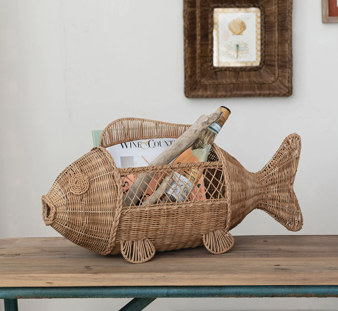 Hand-Woven Rattan & Wire Fish Shaped Container with Handle