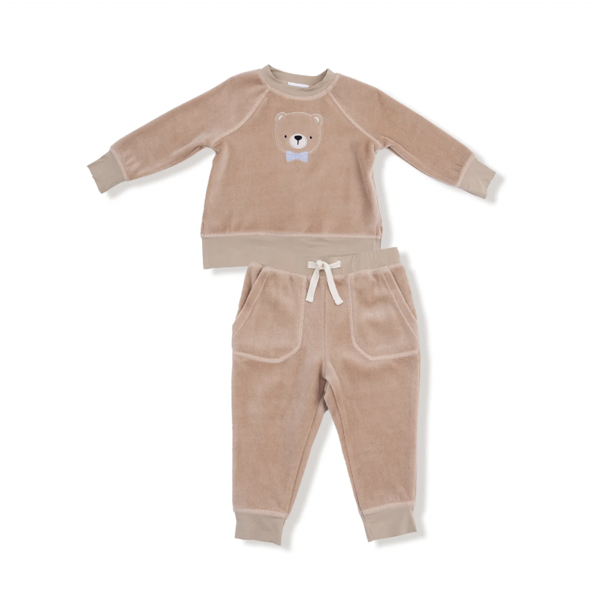 Velour Teddy Bear Raglan Sweatshirt + Jogger Set