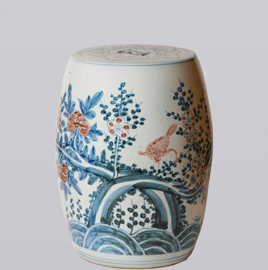 Red and Blue Porcelain Bird and Flower Garden Seat
