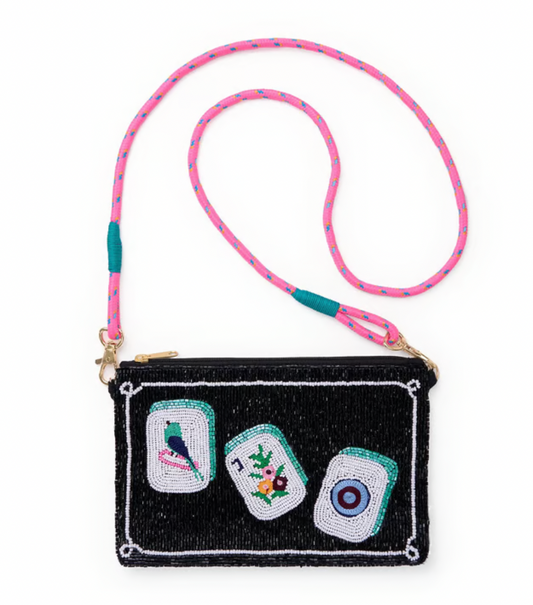 Mahjong Beaded Clutch With Strap