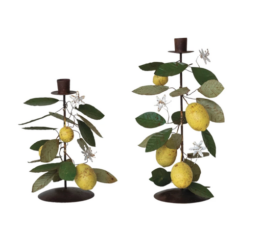 Metal Vintage Reproduction Toleware Taper Holder with Lemons, Leaves & Flowers