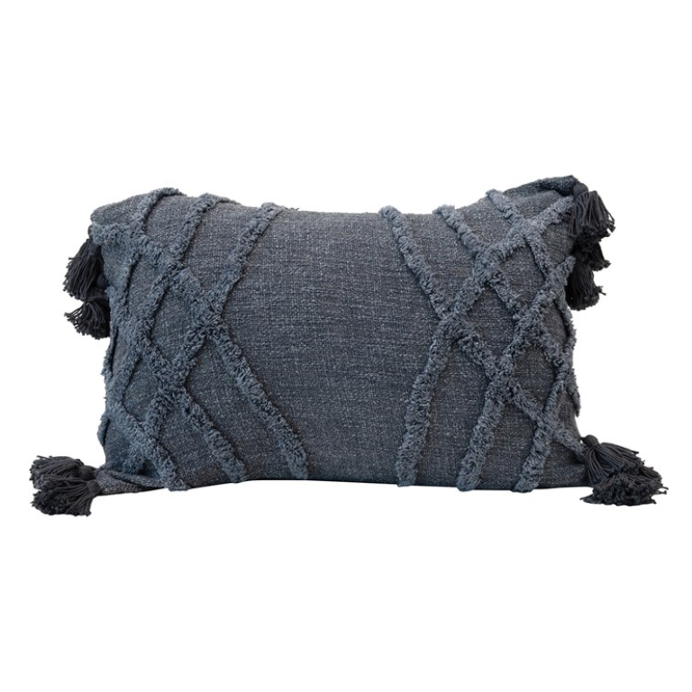 Navy Lumbar Pillow with Tufted Chevron Pattern and Tassels
