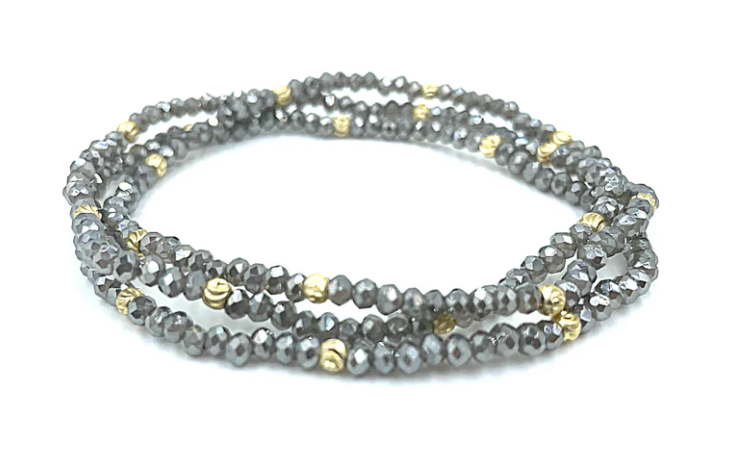 Grey Shimmer & 14k Gold Filled Beaded Bracelet Stack
