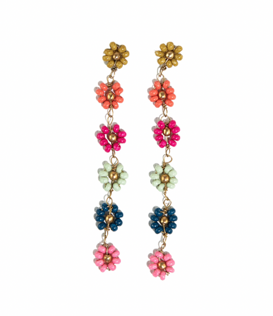 Rainbow Multi Color Flower Beaded Dangle Earrings