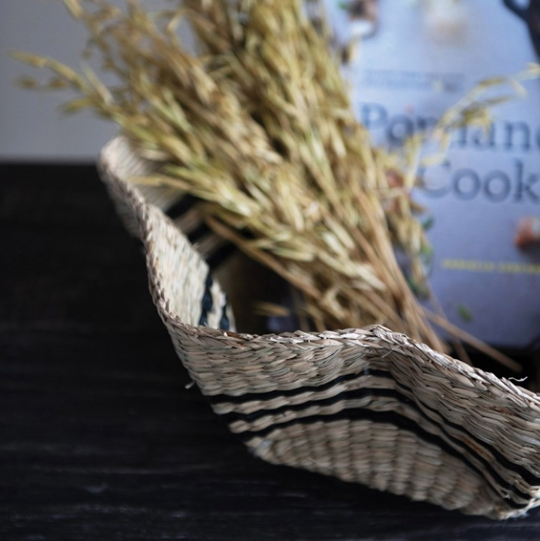Hand-Woven Scalloped Sea Grass Basket with Black Stripes